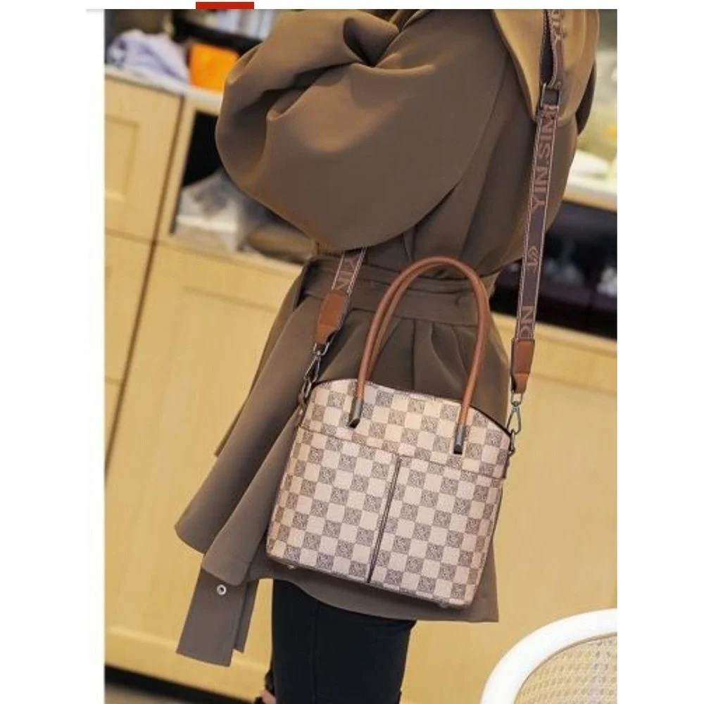 Yin.Sim Handbag Tote Bag Monogram Checkered Brown‎ Tan Shoulder Strap